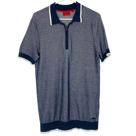 Hugo Boss Sweater Polo Mens Size Medium Navy Blue Short Sleeve Pullover - Picture 1 of 8